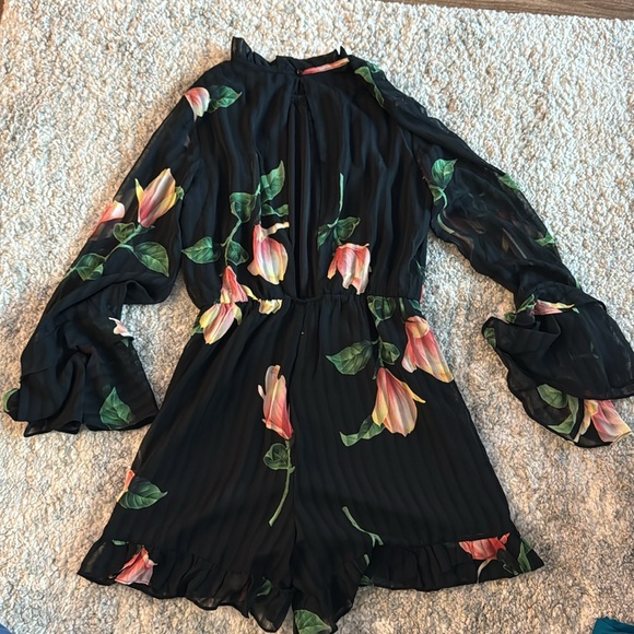 Lulus Talking Sweet Black Floral Print Long Sleeve Cutout Romper - Size S - Picture 5 of 6